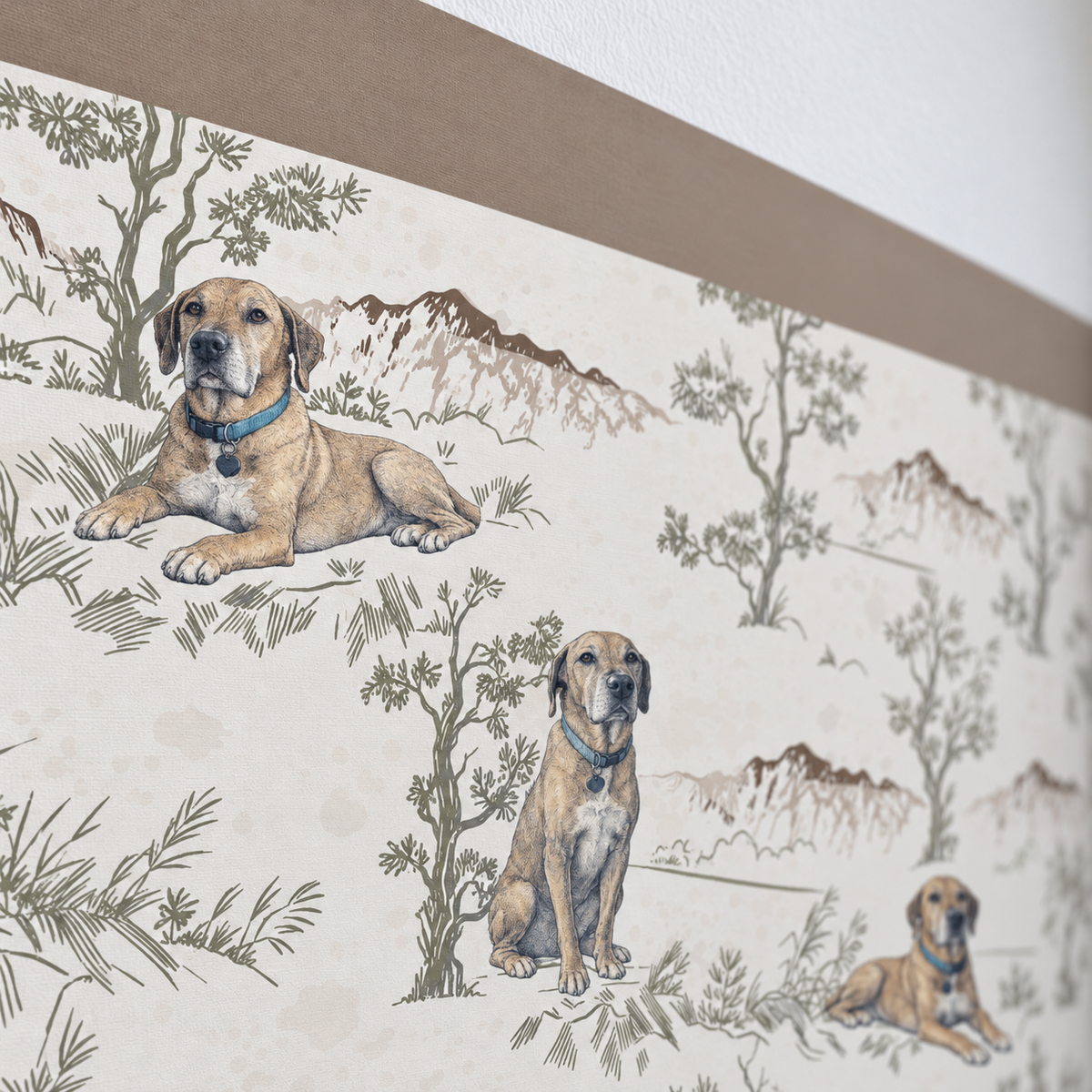 Custom Pet Toile Peel and Stick Taupe Half Wall Wallpaper