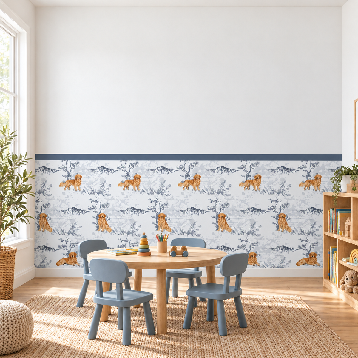 Custom Pet Toile Peel and Stick Navy Half Wall Wallpaper
