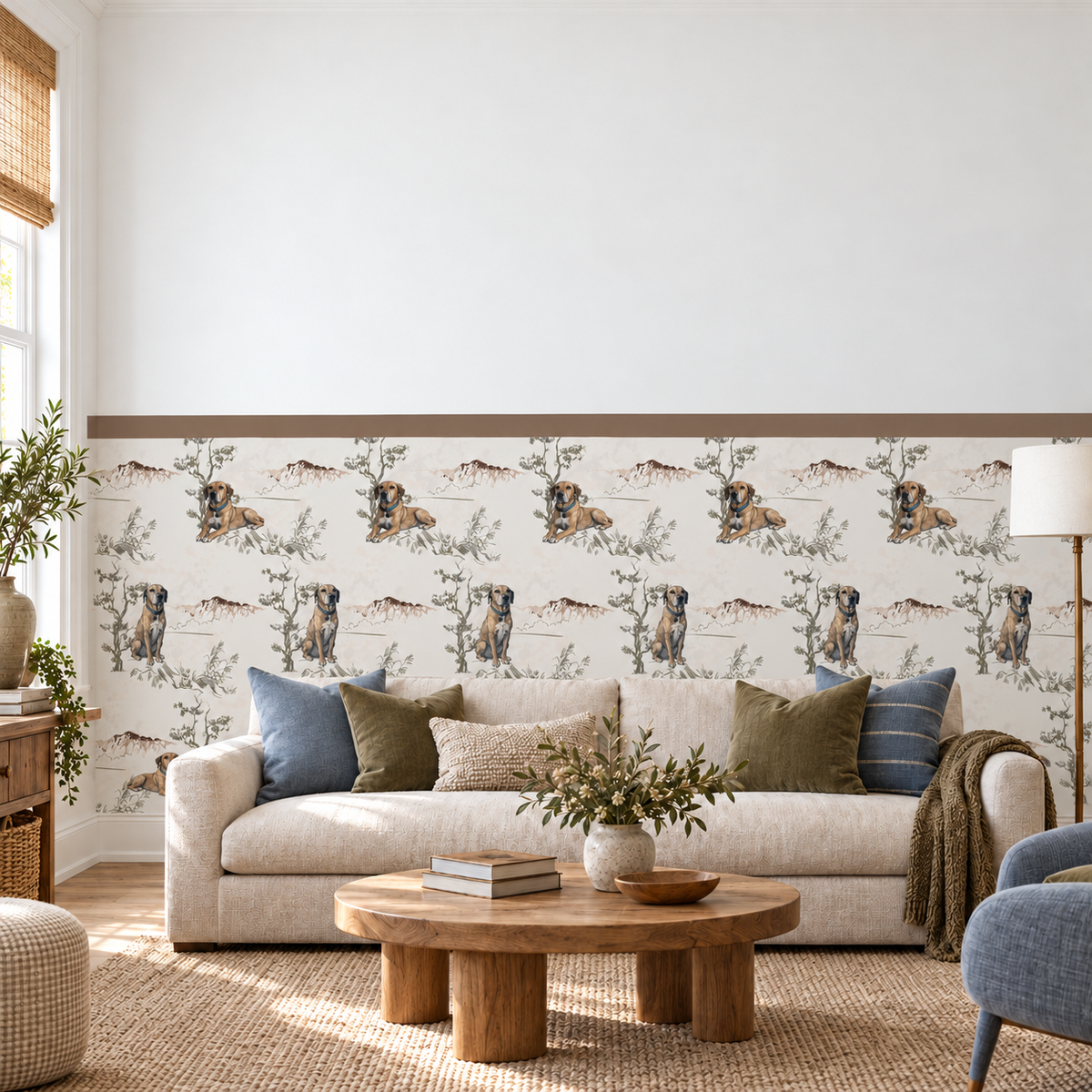 Custom Pet Toile Peel and Stick Taupe Half Wall Wallpaper