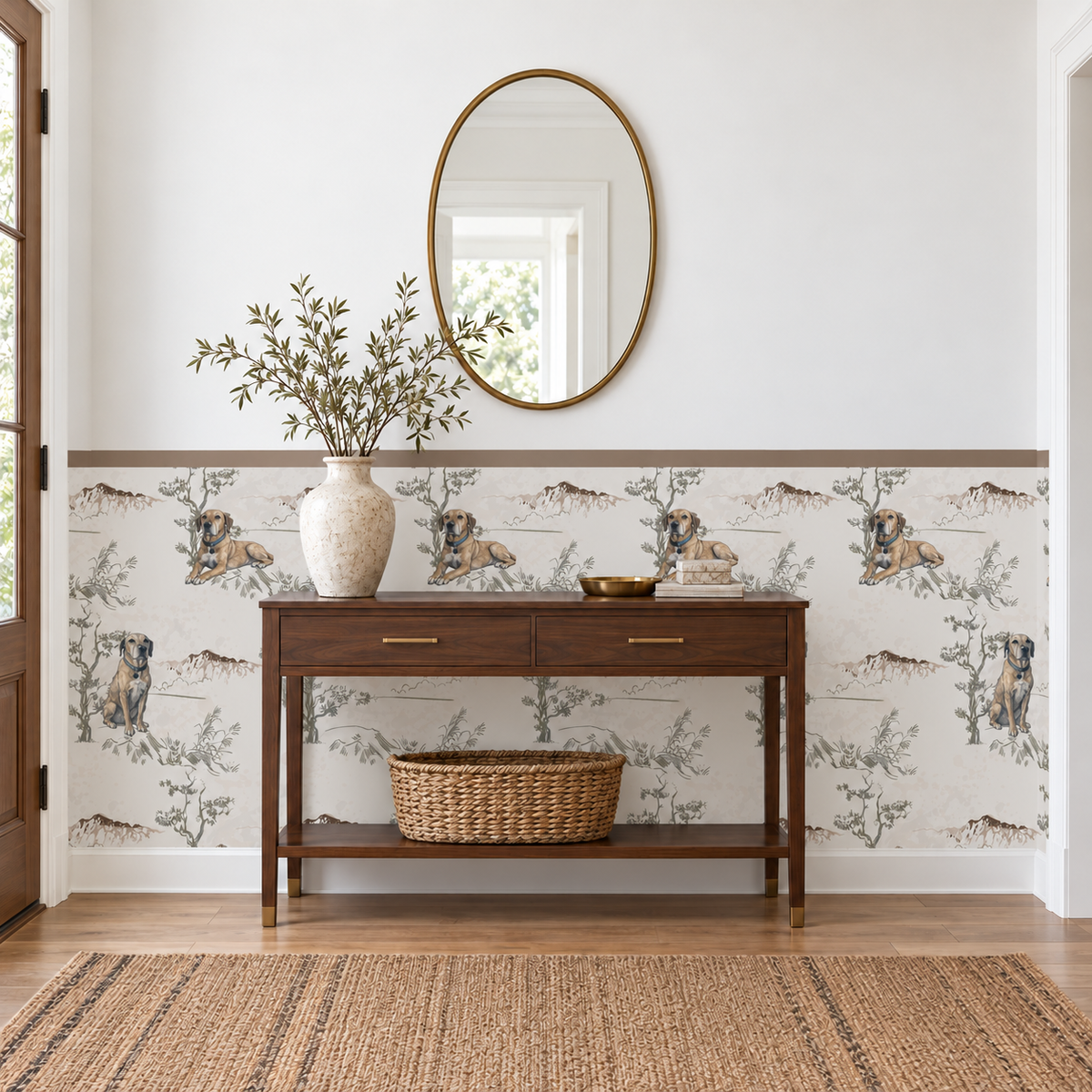 Custom Pet Toile Peel and Stick Taupe Half Wall Wallpaper