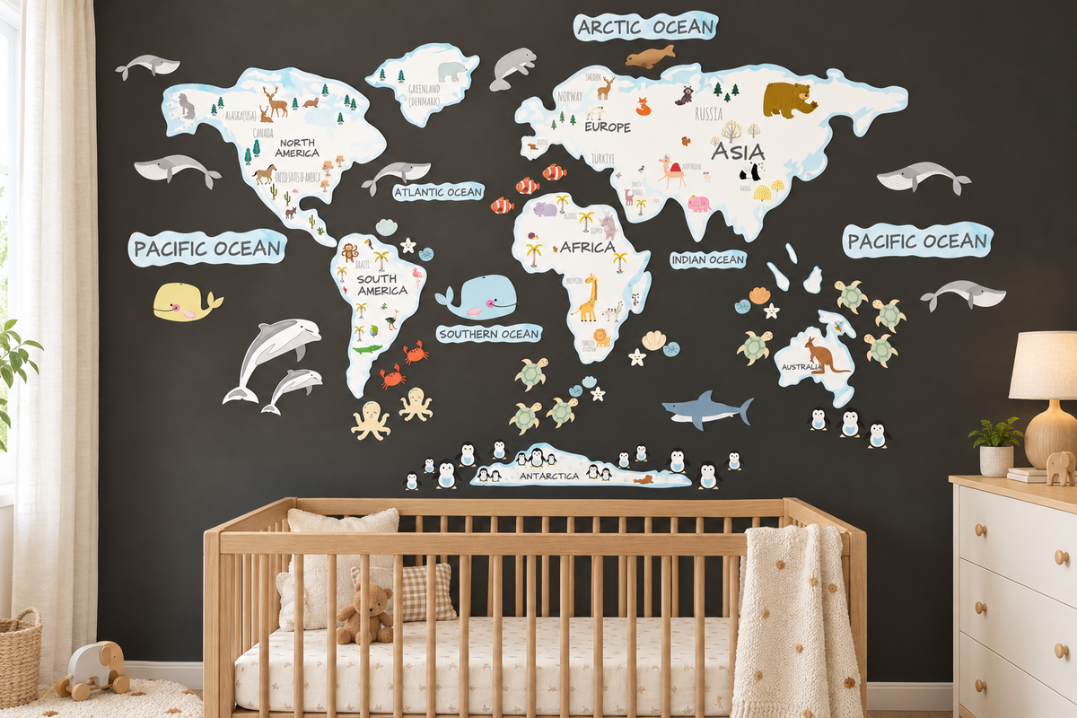 Animals World Map Fabric Wall Decal - White
