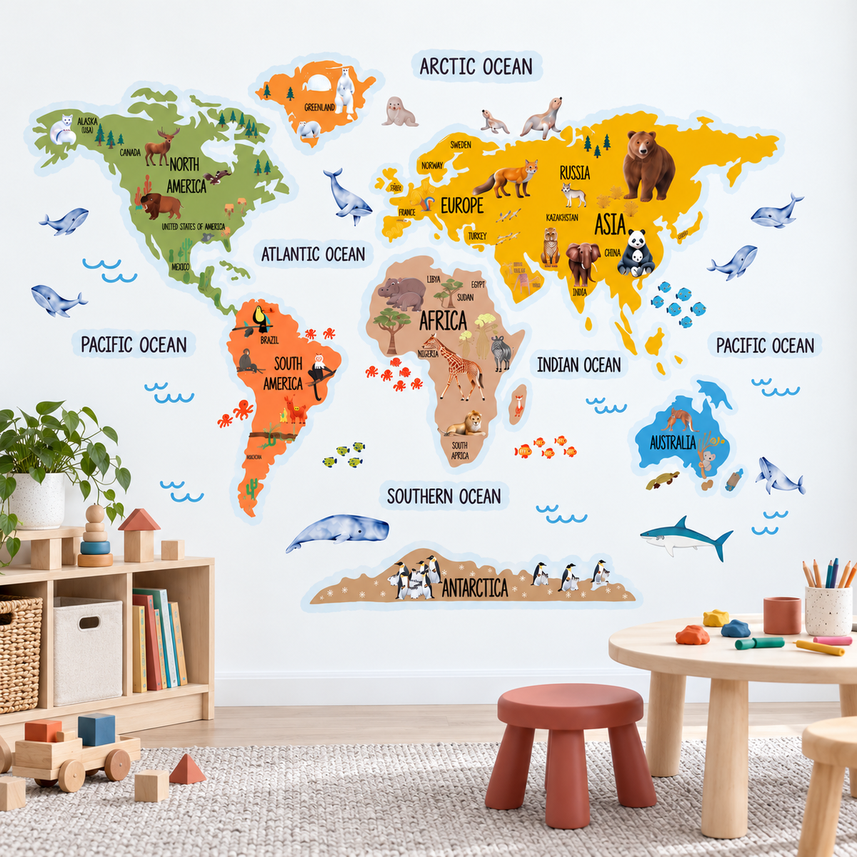 Kids Animal World Map Fabric Wall Decal - Mustard