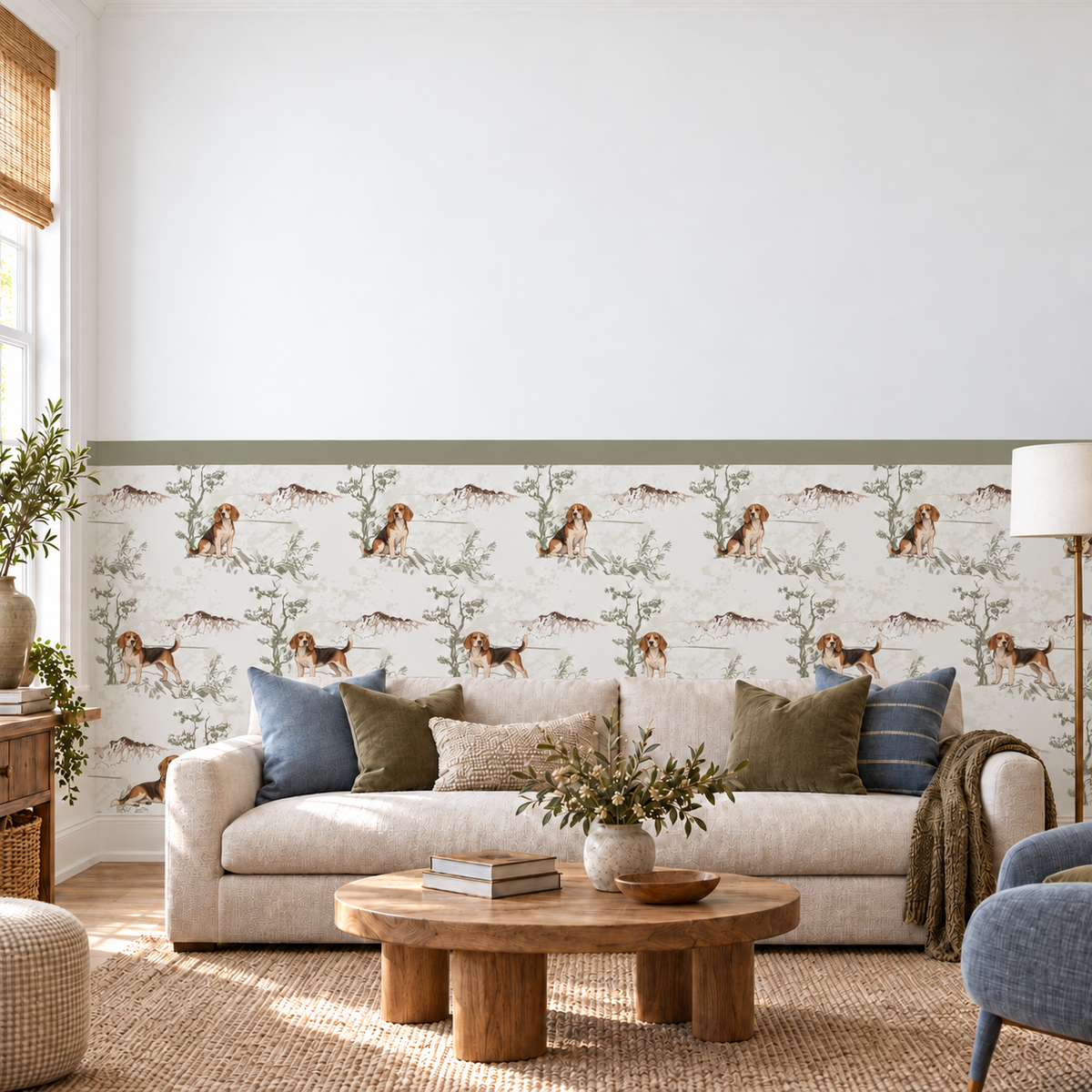 Custom Pet Toile Peel and Stick Sage Half Wall Wallpaper
