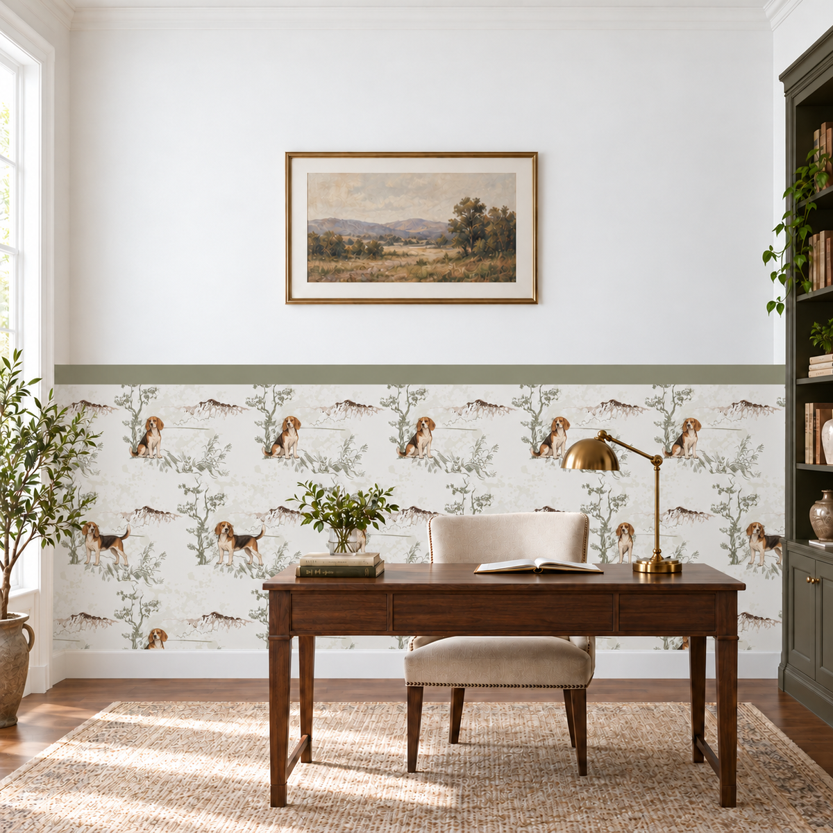 Custom Pet Toile Peel and Stick Sage Half Wall Wallpaper