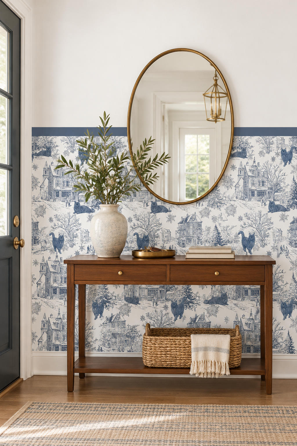 Custom Pet Toile Peel and Stick Navy Blue Half Wall Wallpaper