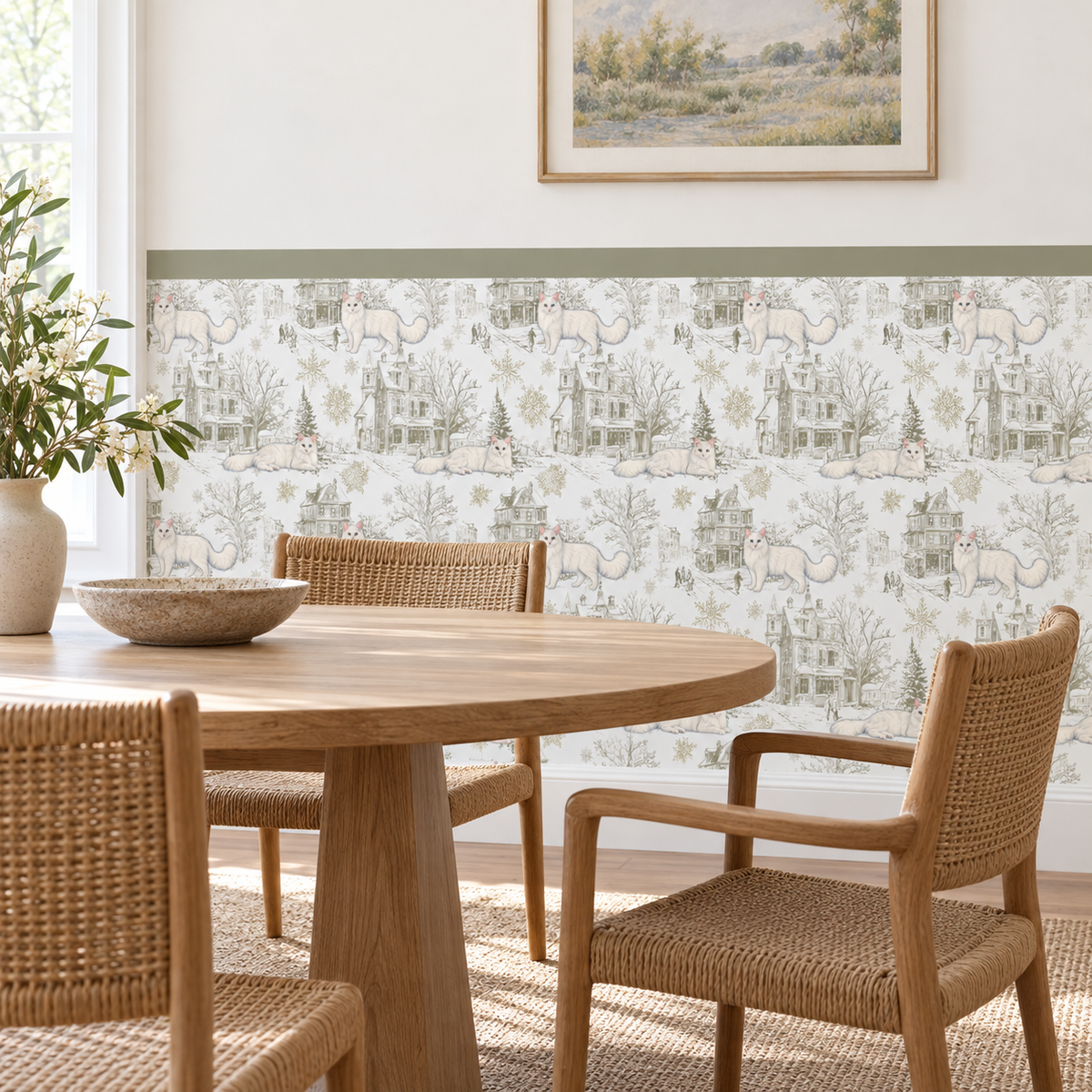 Custom Pet Toile Peel and Stick Olive Green Half Wall Wallpaper