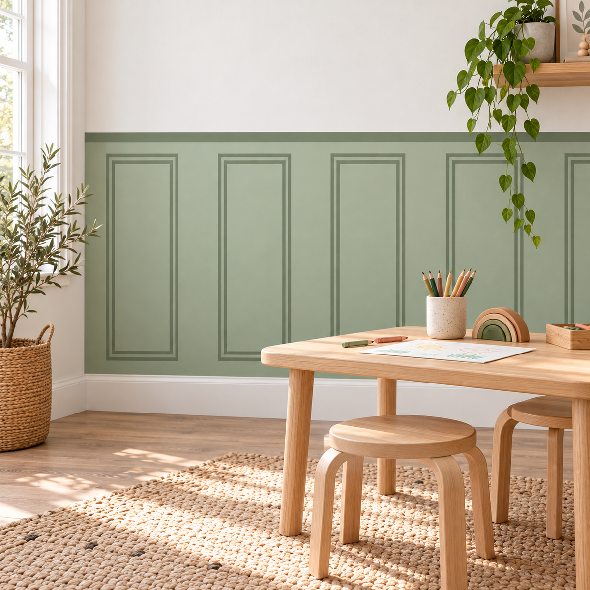 Traditional Peel and Stick Olive Green Half Wall Wallpaper