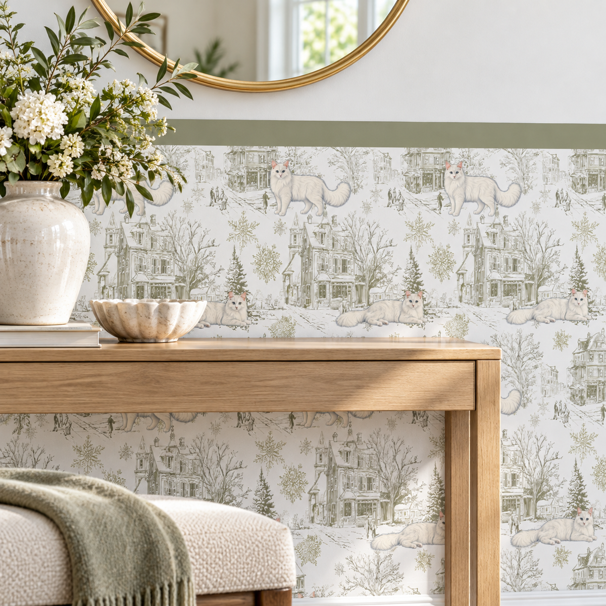 Custom Pet Toile Peel and Stick Olive Green Half Wall Wallpaper