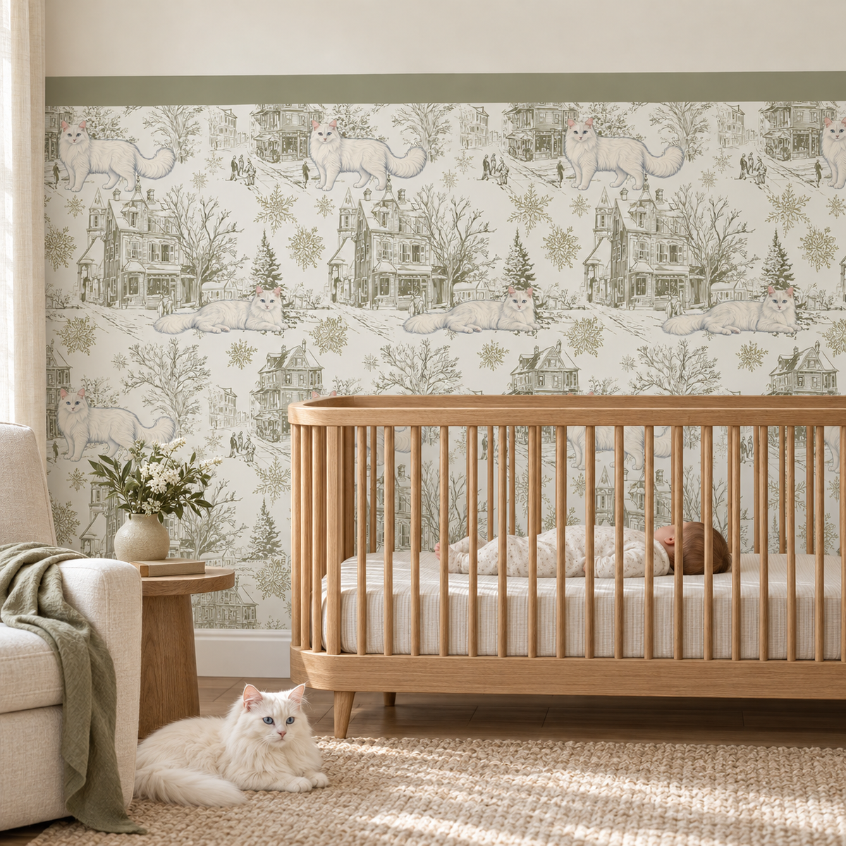 Custom Pet Toile Peel and Stick Olive Green Half Wall Wallpaper