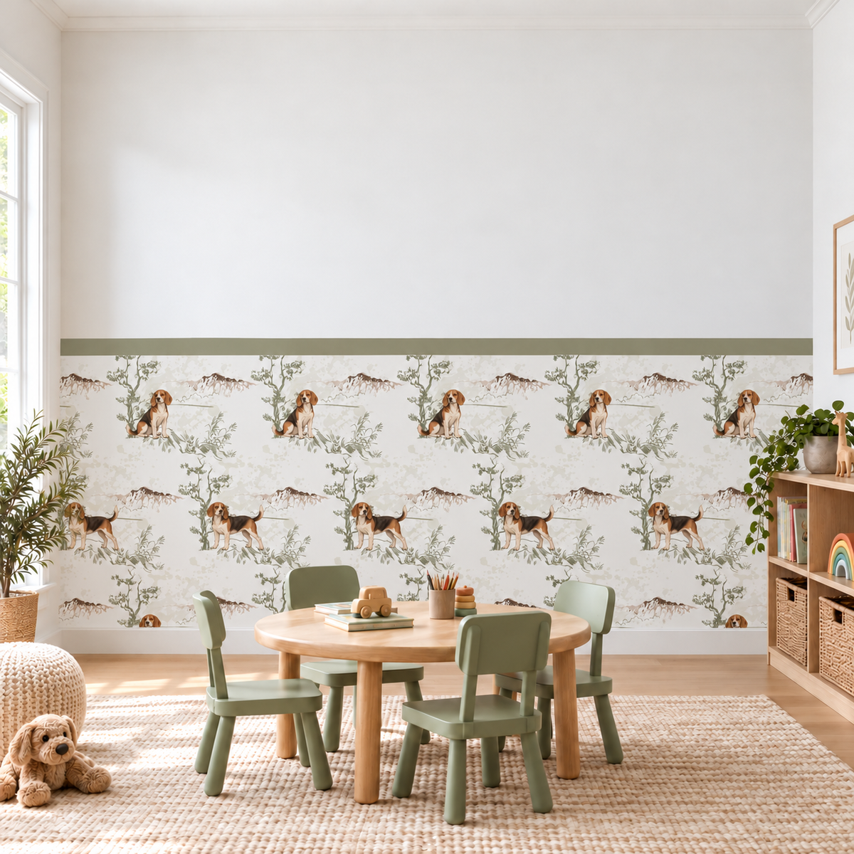 Custom Pet Toile Peel and Stick Sage Half Wall Wallpaper