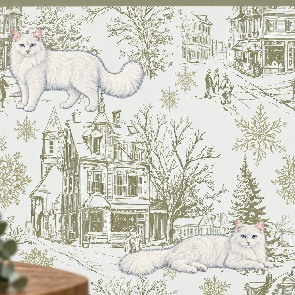 Custom Pet Toile Peel and Stick Olive Green Half Wall Wallpaper
