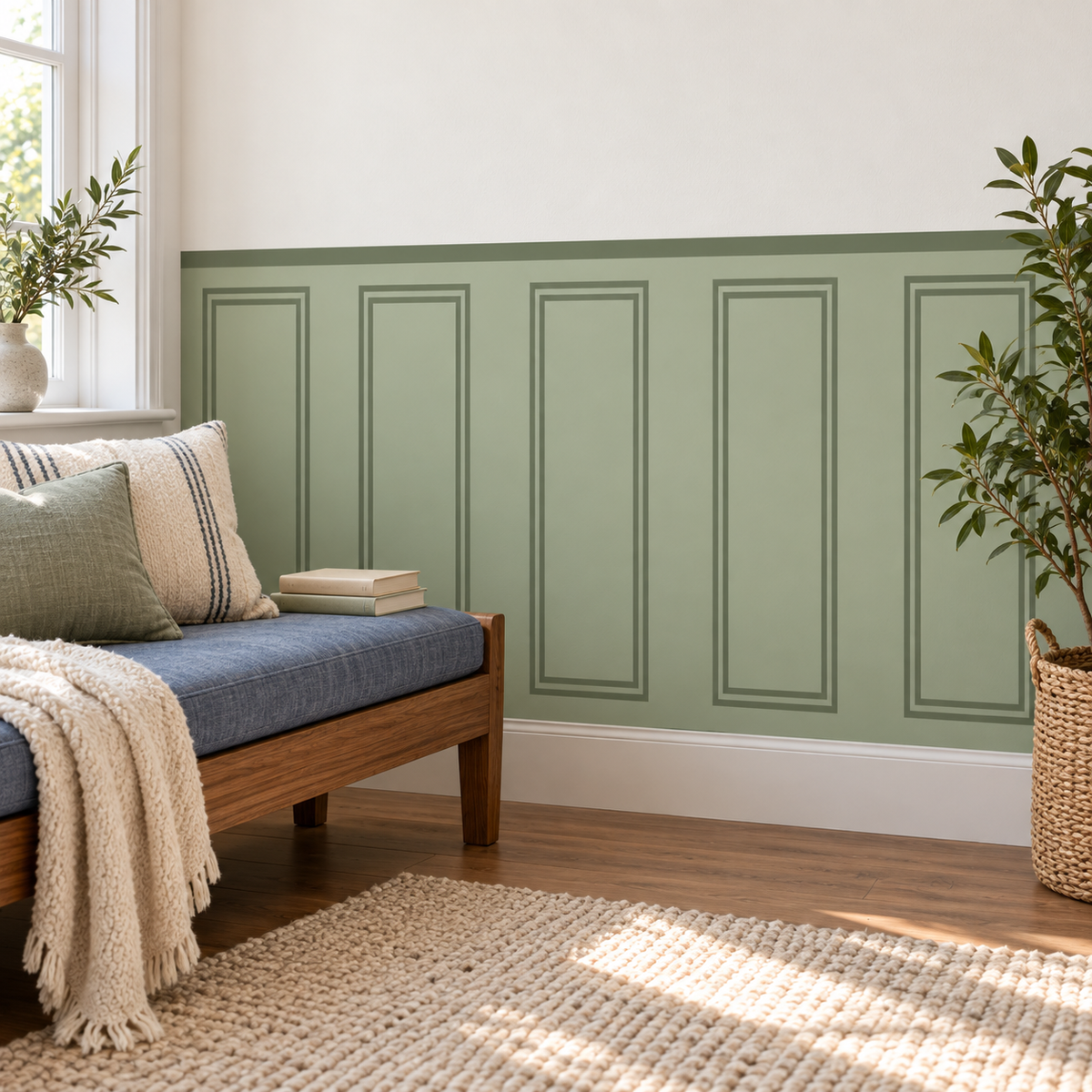 Traditional Peel and Stick Olive Green Half Wall Wallpaper