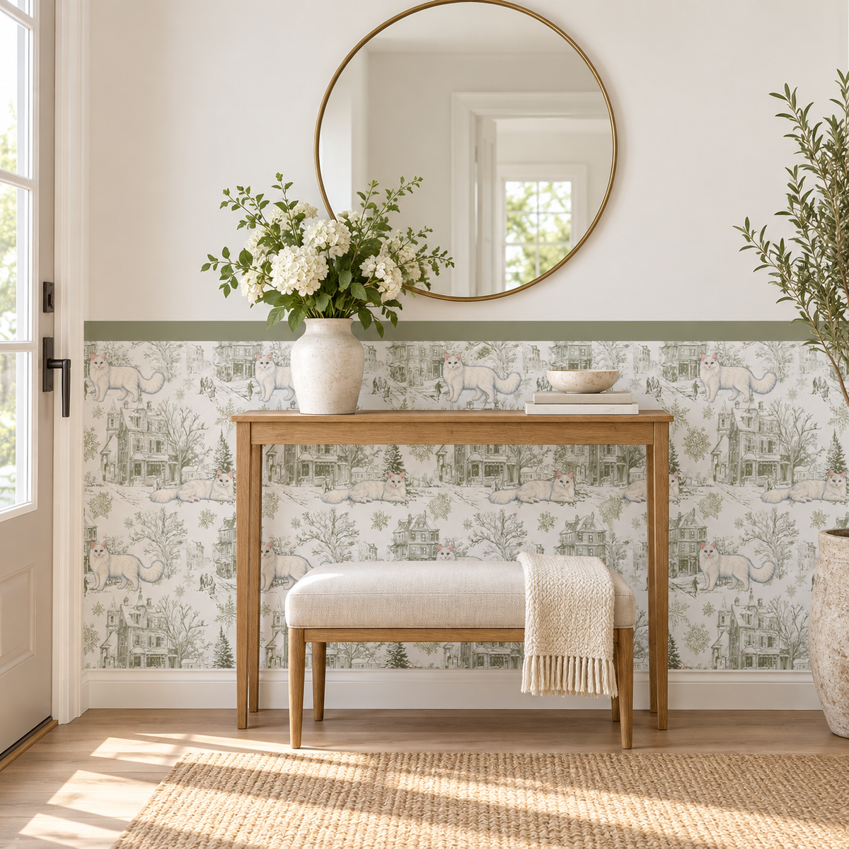 Custom Pet Toile Peel and Stick Olive Green Half Wall Wallpaper