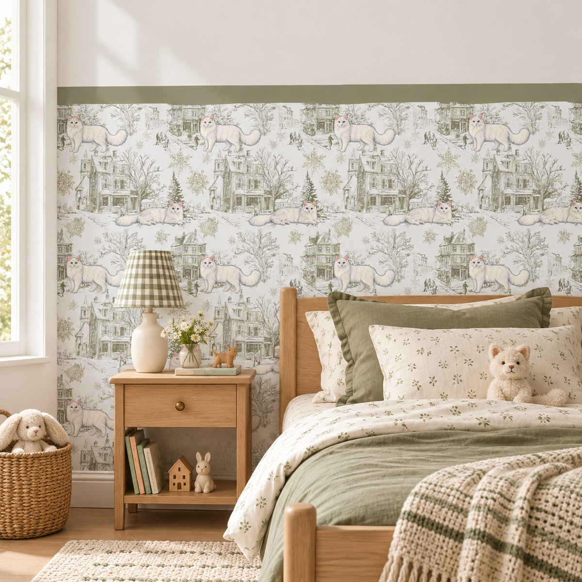 Custom Pet Toile Peel and Stick Olive Green Half Wall Wallpaper