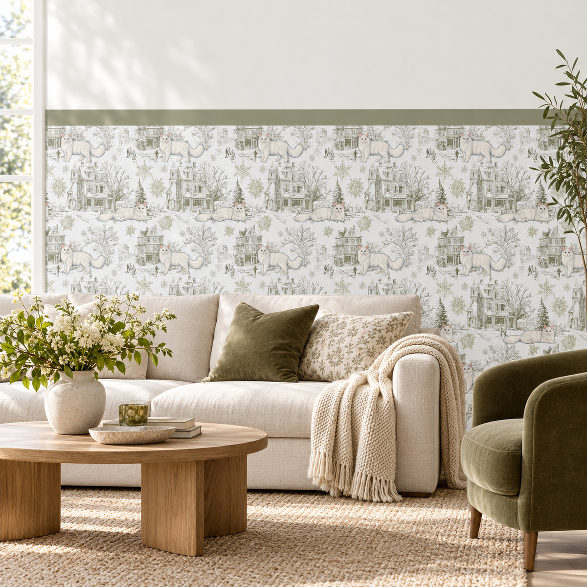 Custom Pet Toile Peel and Stick Olive Green Half Wall Wallpaper
