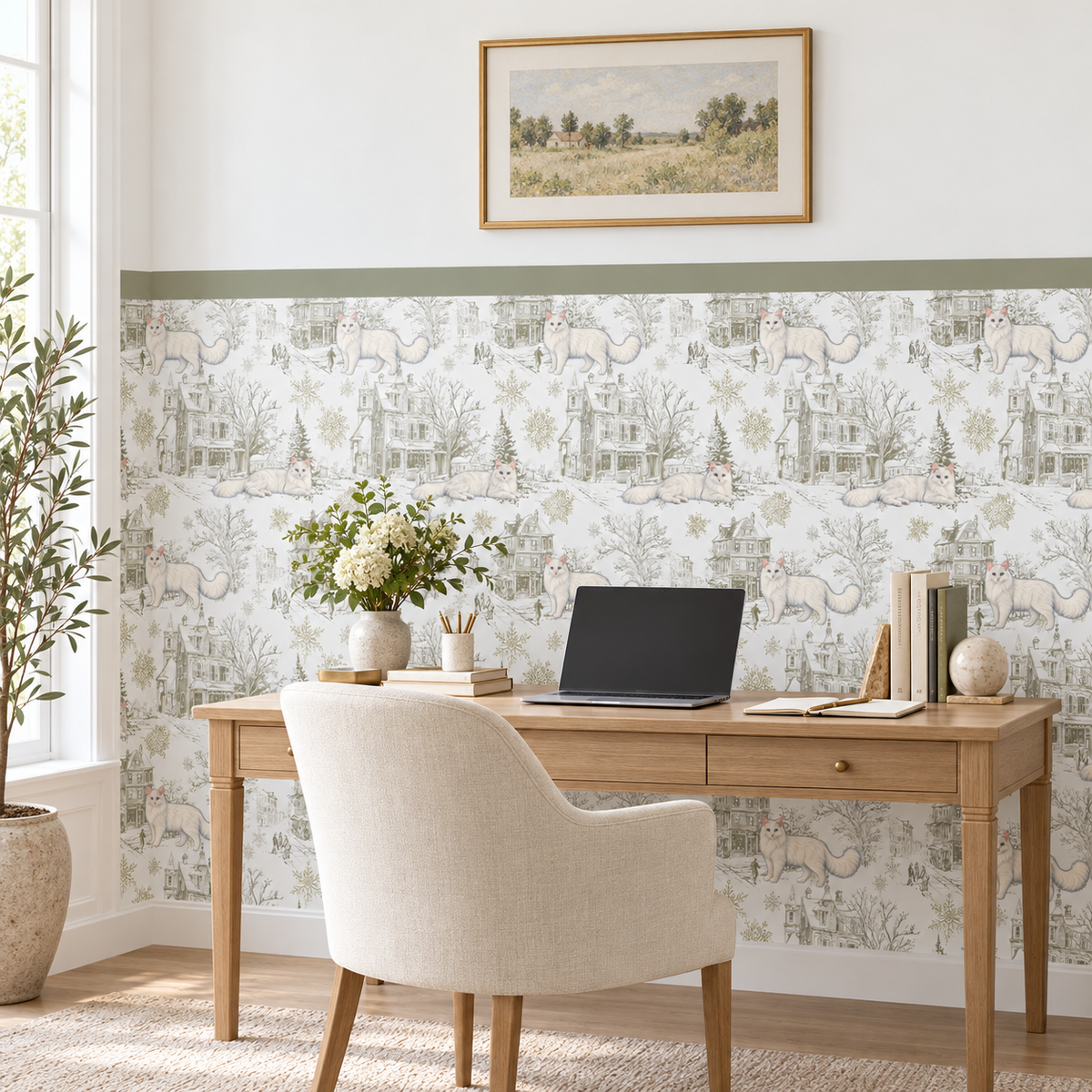 Custom Pet Toile Peel and Stick Olive Green Half Wall Wallpaper