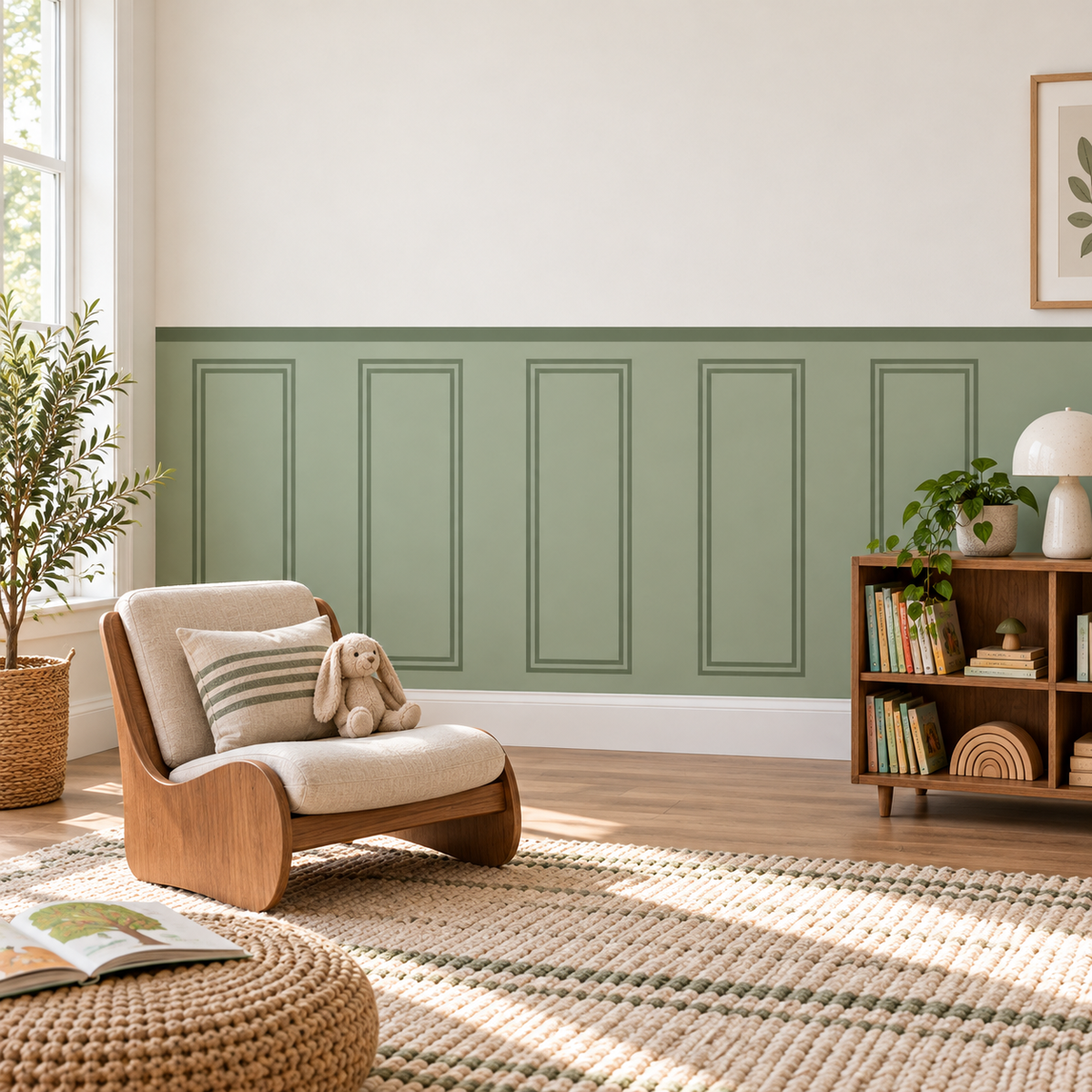 Traditional Peel and Stick Olive Green Half Wall Wallpaper