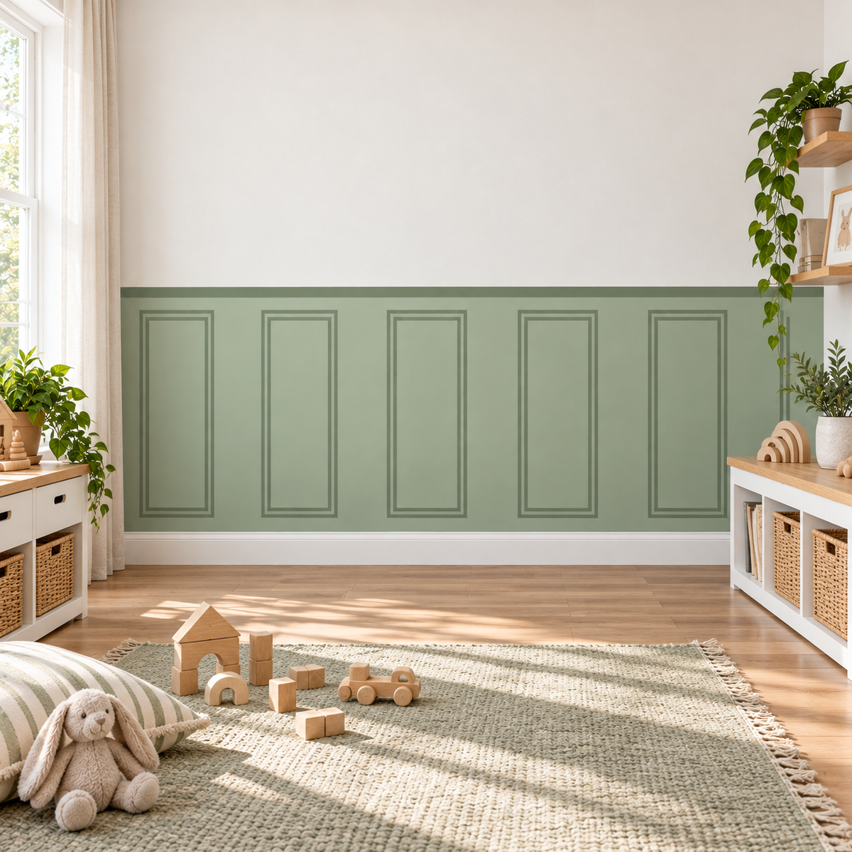 Traditional Peel and Stick Olive Green Half Wall Wallpaper