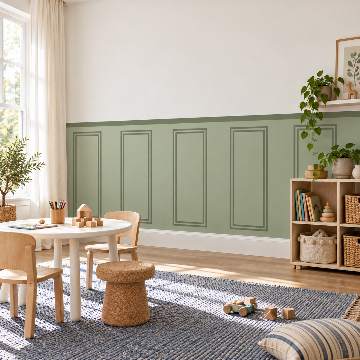 Traditional Peel and Stick Olive Green Half Wall Wallpaper