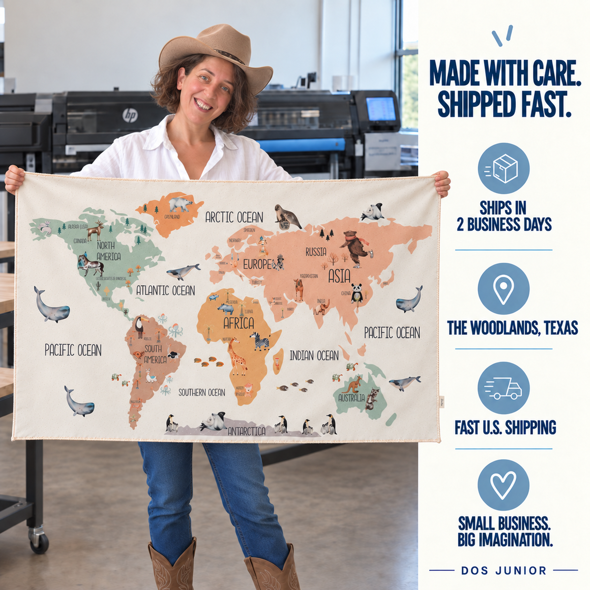 Animals World Map Fabric Wall Hanging