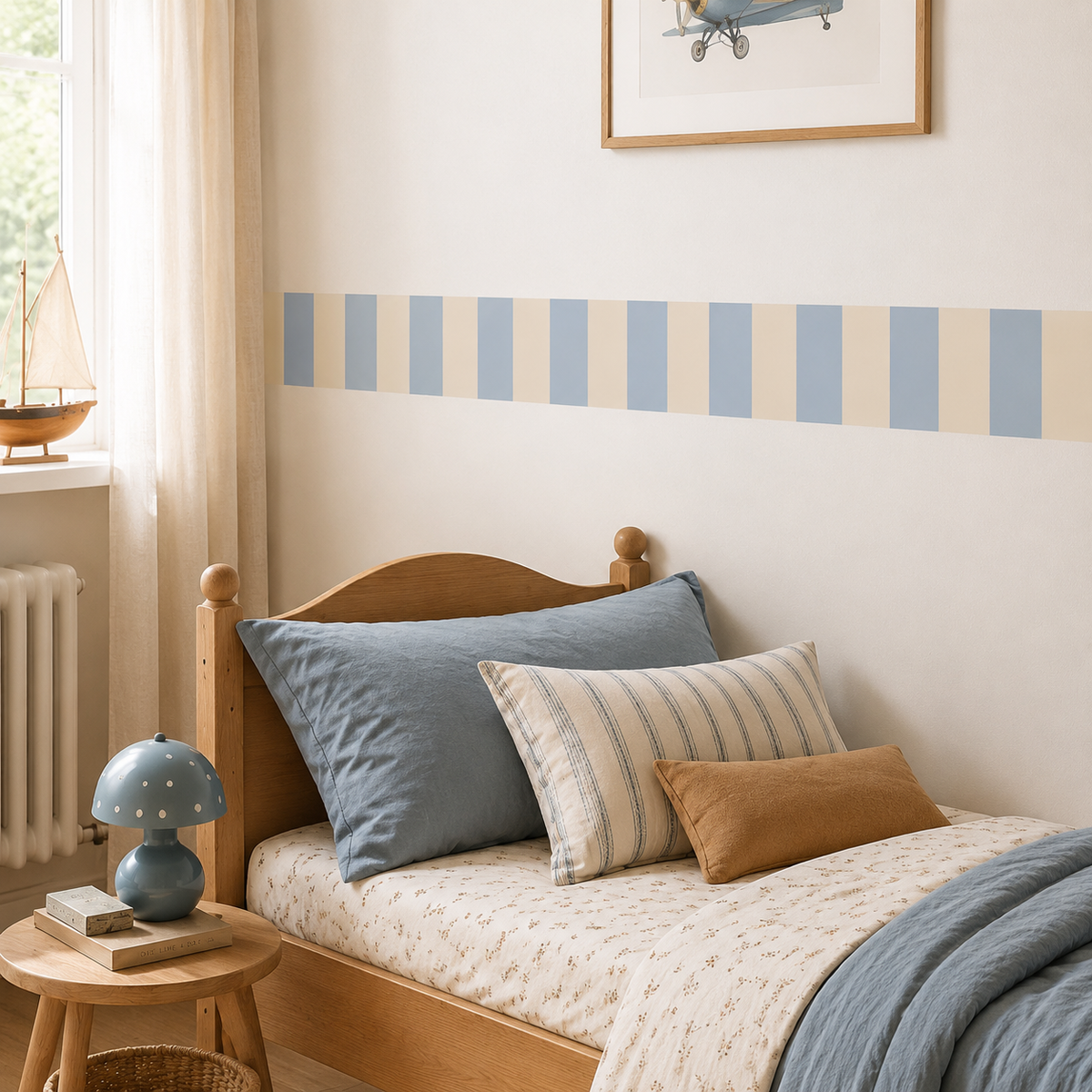 Blue and almond striped peel-and-stick fabric wallpaper border beside a wooden crib and beige canopy in a nursery.