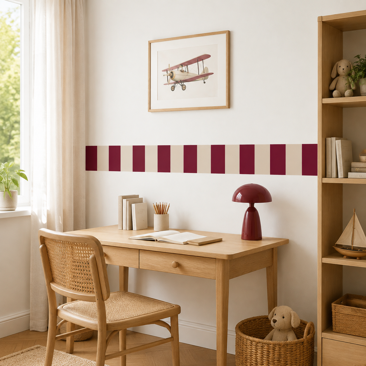 Burgundy and almond striped fabric wallpaper border above a wooden desk with a burgundy lamp and framed airplane print.