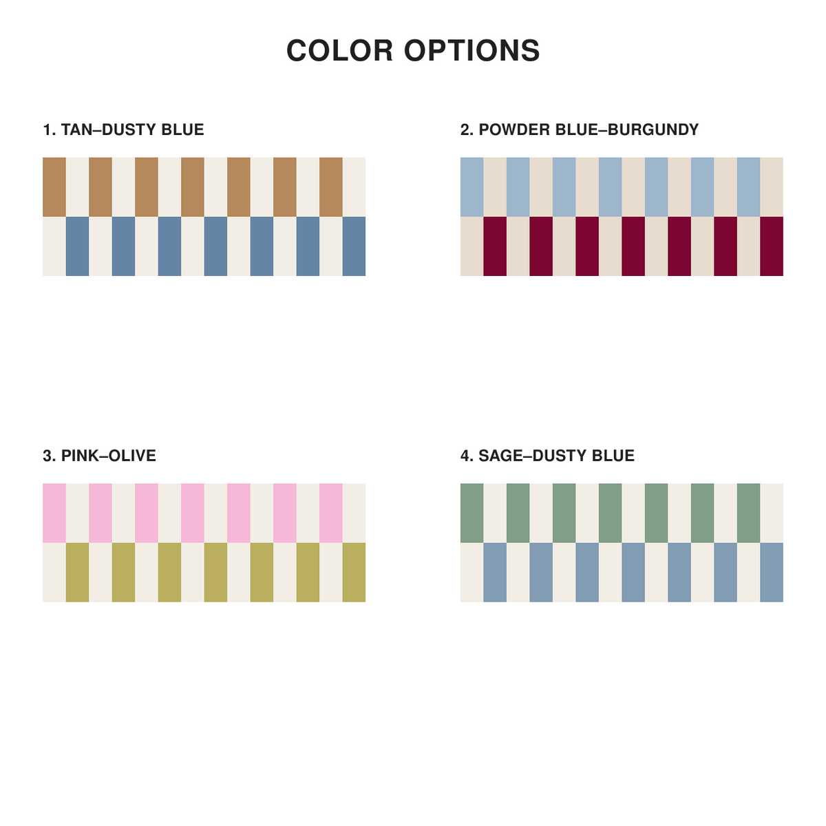 Peel-and-stick checkerboard wallpaper border color options in tan and dusty blue, powder blue and burgundy, pink and olive, and sage and dusty blue.