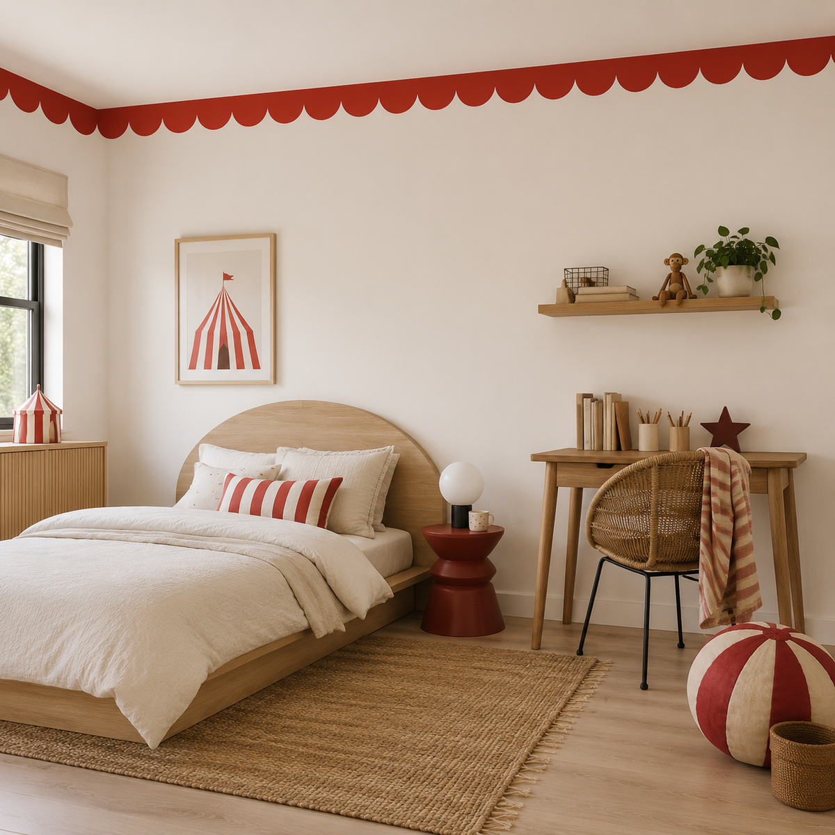 Circus red peel-and-stick scallop wallpaper border applied along the ceiling in a whimsical circus-themed kids’ bedroom with a wooden bed and study desk.