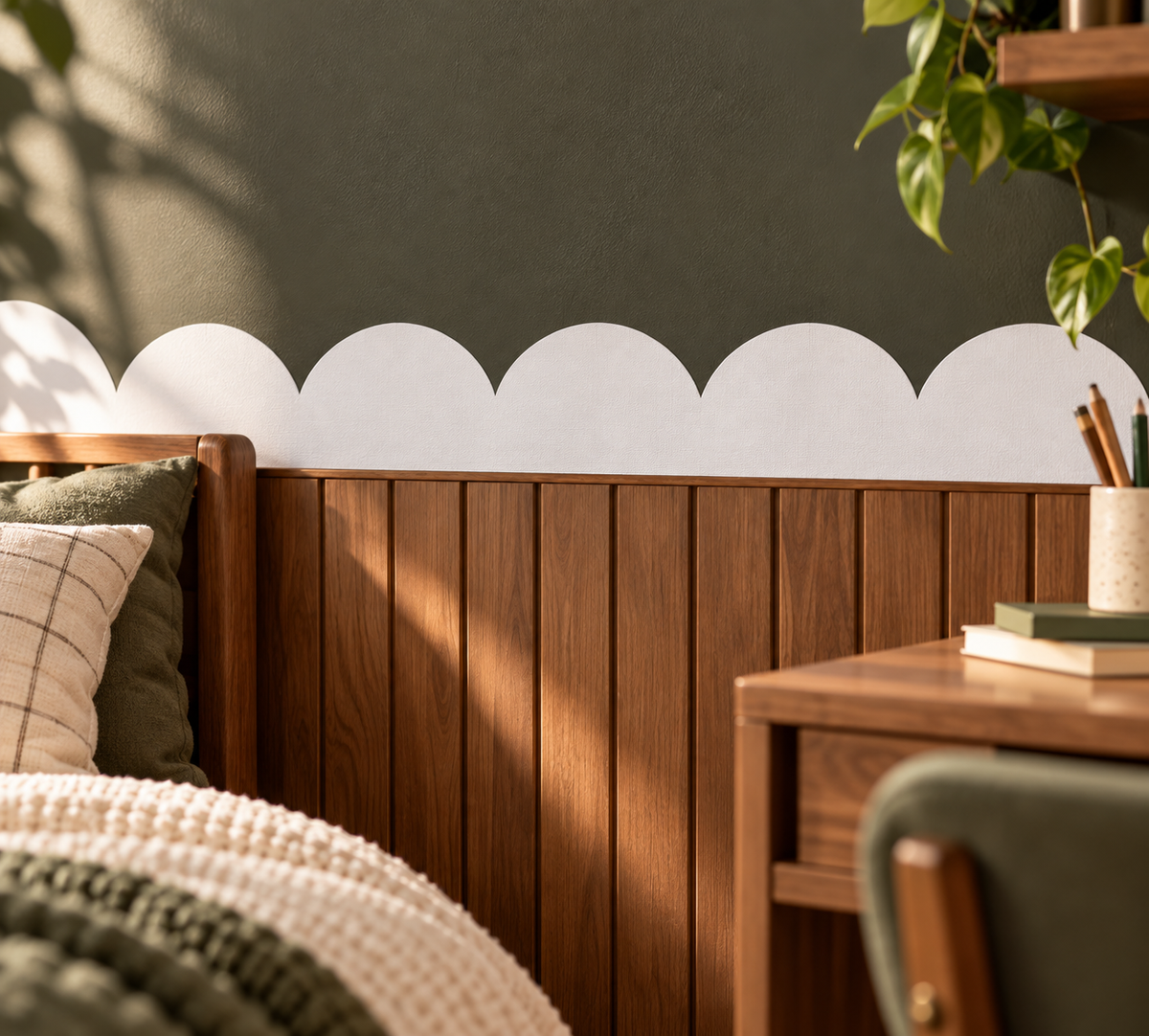 White peel-and-stick scallop wallpaper border shown in a close-up above wood paneling on a dark olive green bedroom wall.
