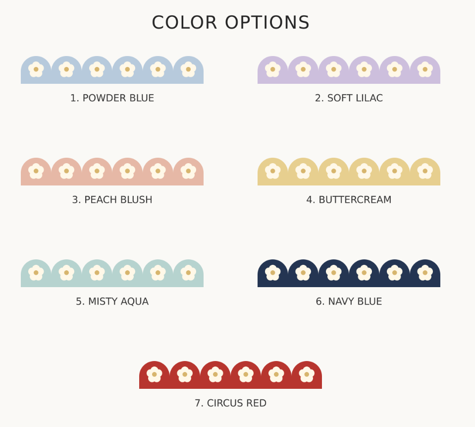 Daisy scalloped wallpaper border in seven colors: Powder Blue, Soft Lilac, Peach Blush, Buttercream, Misty Aqua, Navy Blue, and Circus Red.