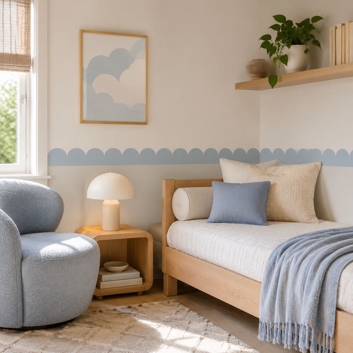 Dusty blue peel-and-stick scallop wallpaper border styled in a neutral kids’ bedroom with a wooden bed and blue accents.