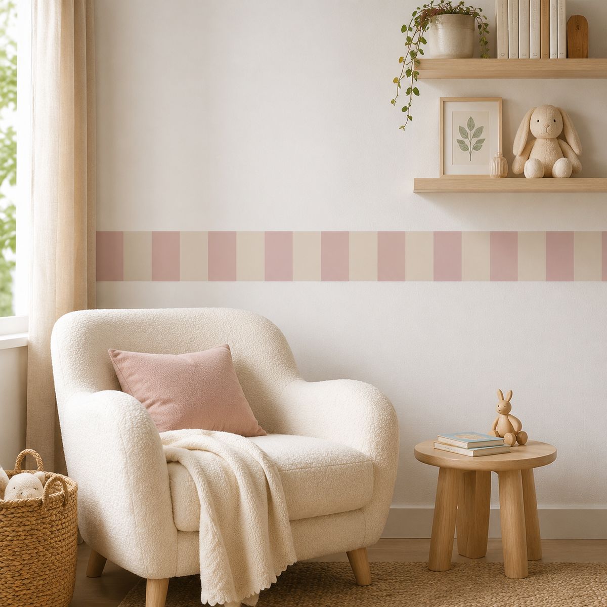 Dusty blush and almond striped fabric wallpaper border behind a cream armchair with a pink cushion and wooden nursery shelves.
