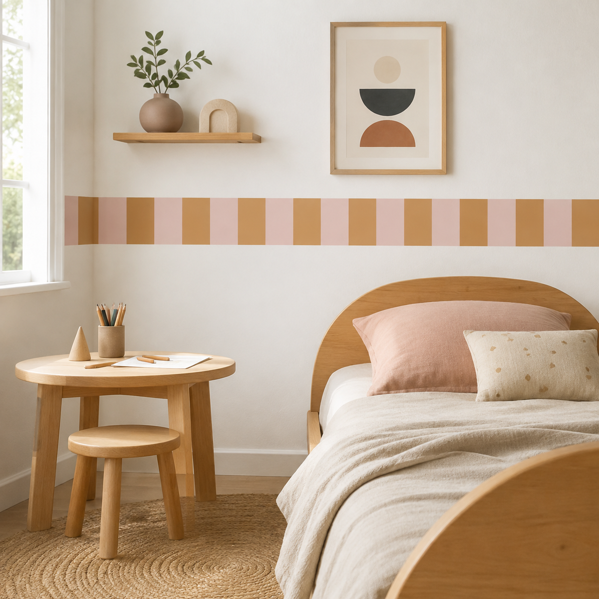 Dusty blush and tan striped fabric wallpaper border above a wooden bed beside a small drawing table in a child's bedroom.