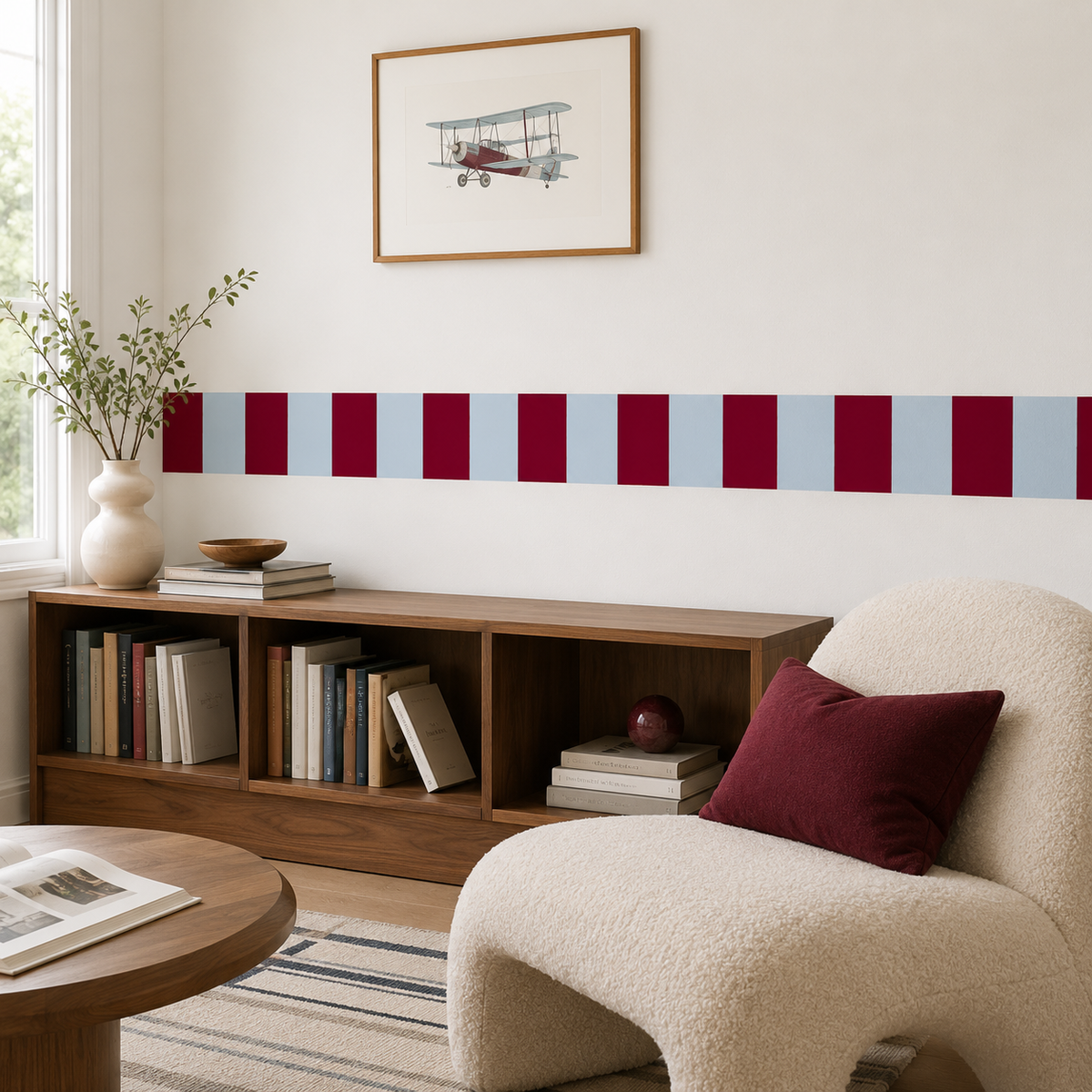 Powder blue and burgundy striped fabric wallpaper border above a wooden bookcase beside a cream reading chair.