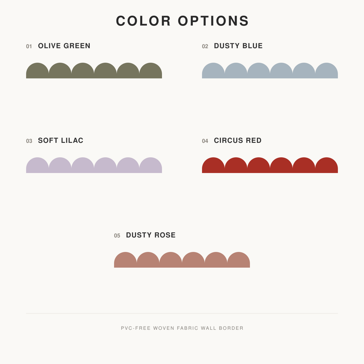Color options chart for peel-and-stick scallop wallpaper border featuring Olive Green, Dusty Blue, Soft Lilac, Circus Red, and Dusty Rose in PVC-free fabric.