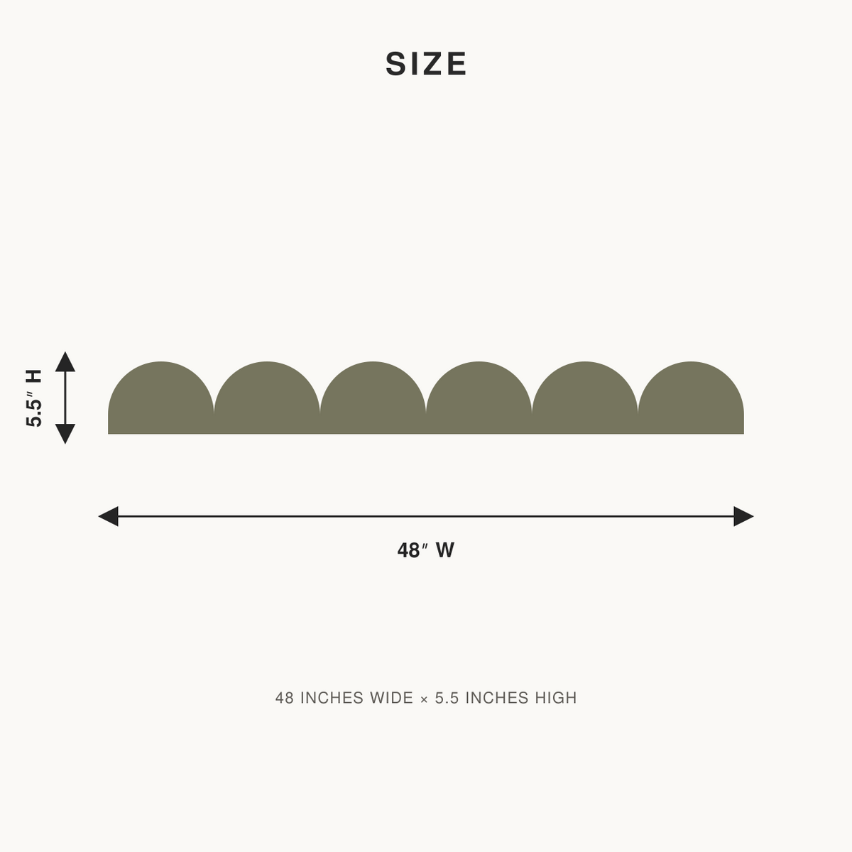 Size and dimensions chart for peel-and-stick scallop wallpaper border showing 5.5 inches high by 48 inches wide panel.