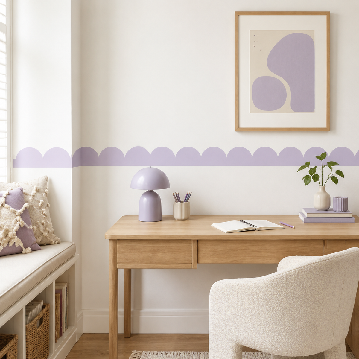 Soft lilac peel-and-stick scallop wallpaper border styled in a modern kids’ study room with a wooden desk and lavender accents.