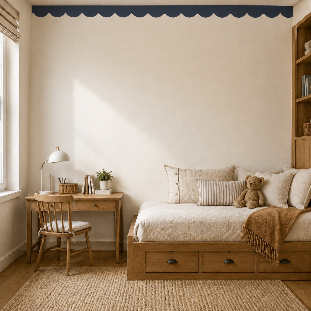 Scalloped Navy Half Wallpaper | Peel and Stick | PVC Free Fabric | Removable | Easy to Apply