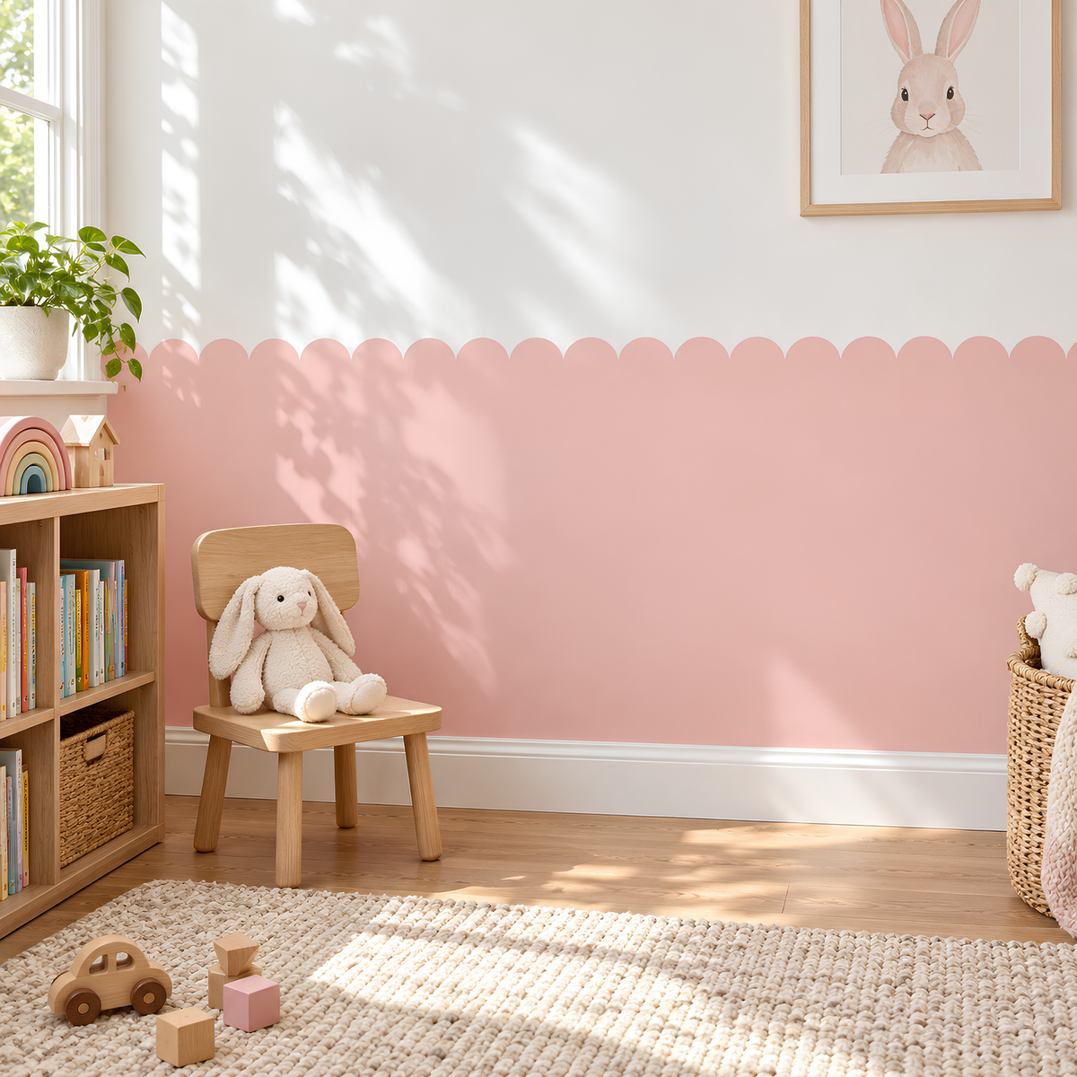 Scalloped Peel and Stick Soft Pink Half Wall Wallpaper
