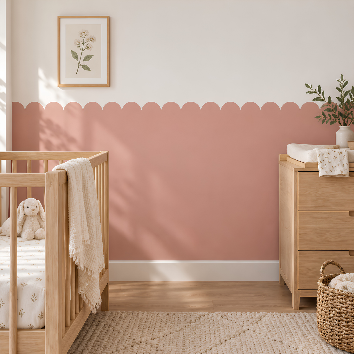 Scalloped Peel and Stick Muted Rose Half Wall Wallpaper