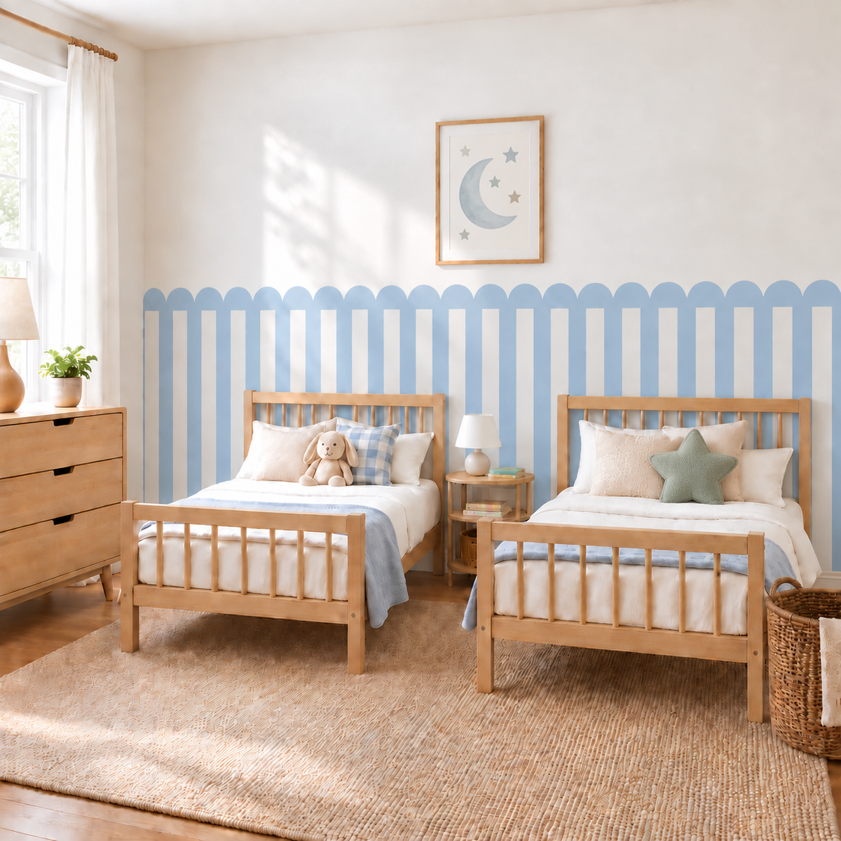 Stripe Peel and Stick Sky Blue Scallop Half Wall Wallpaper