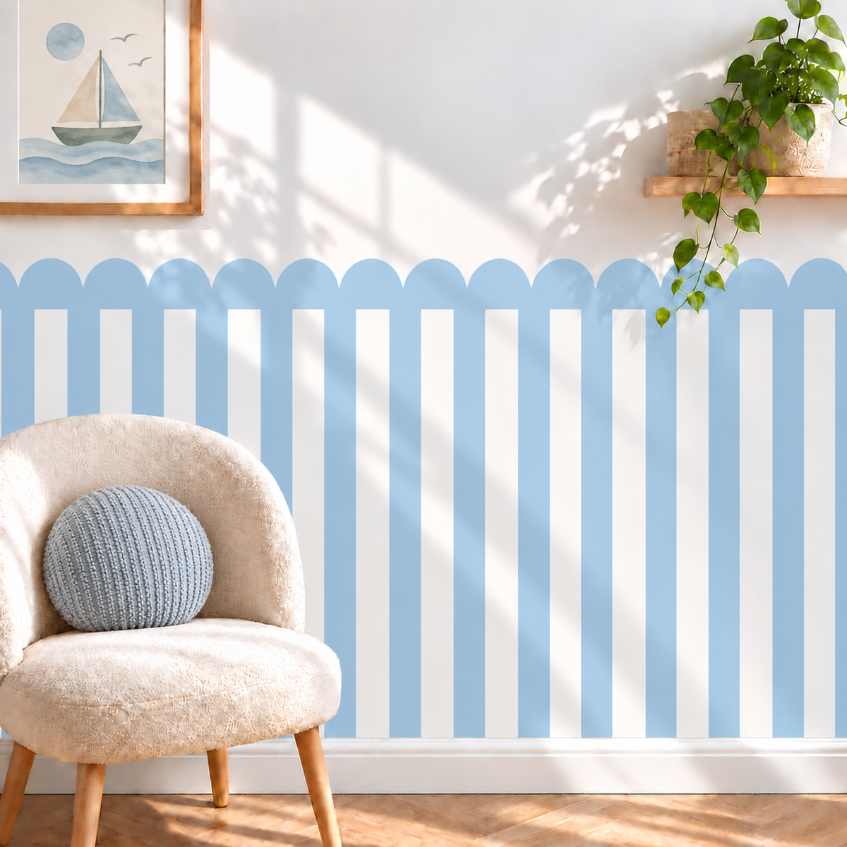 Stripe Peel and Stick Sky Blue Scallop Half Wall Wallpaper