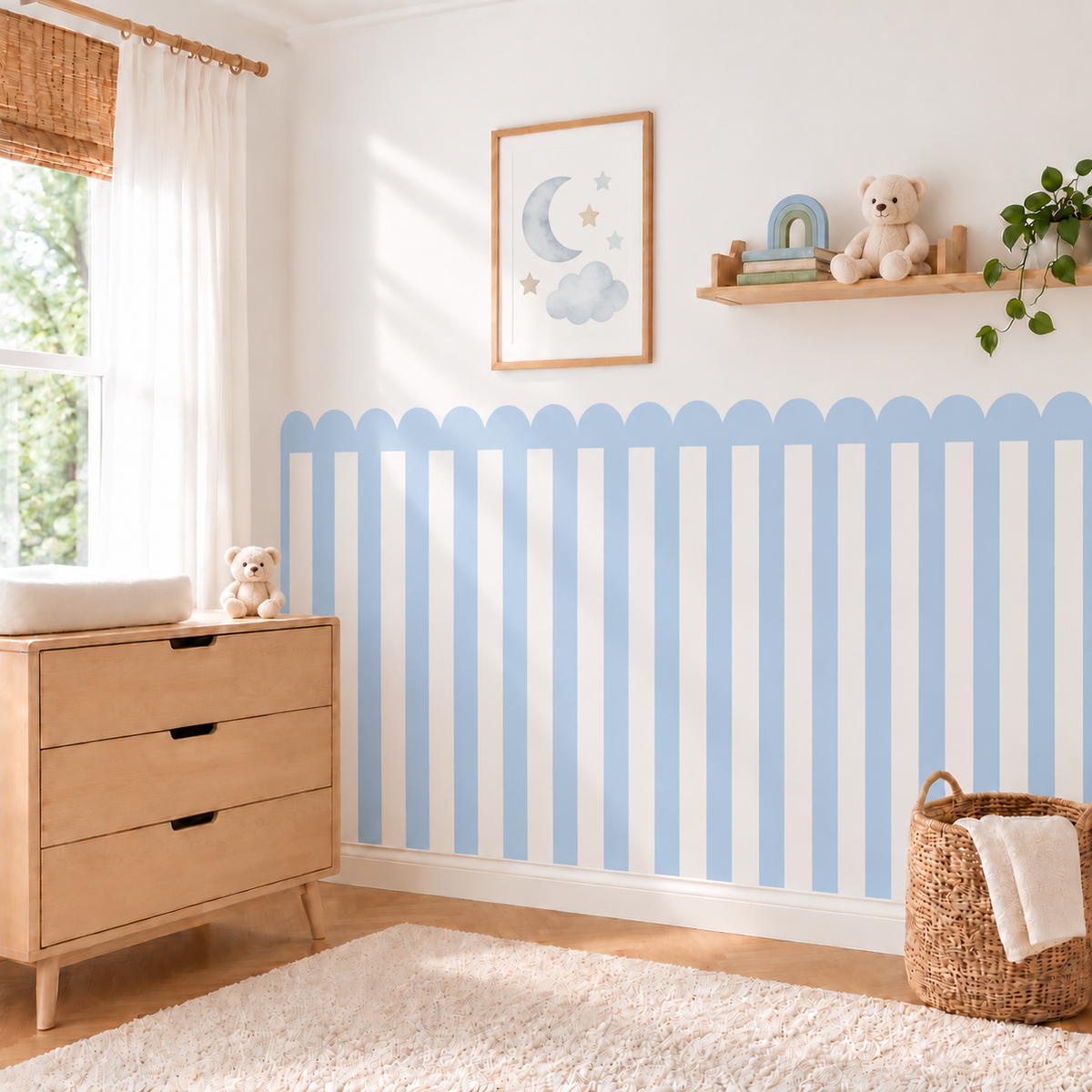 Stripe Peel and Stick Sky Blue Scallop Half Wall Wallpaper