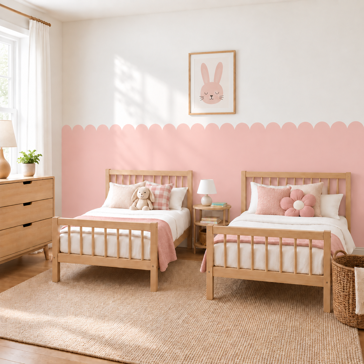 Scalloped Peel and Stick Soft Pink Half Wall Wallpaper