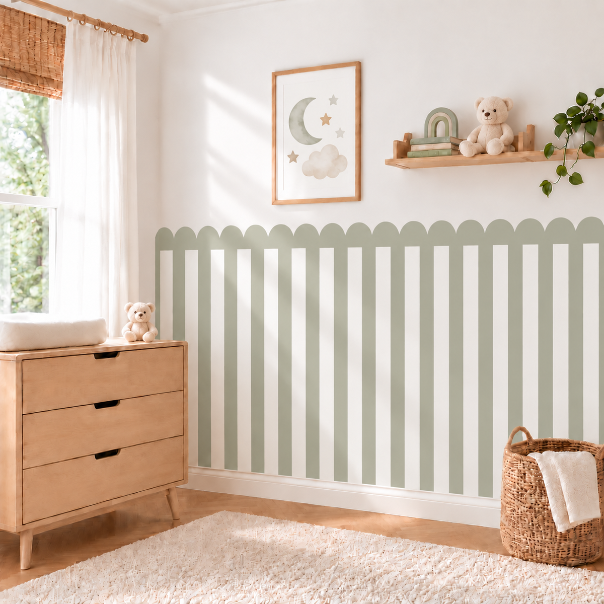 Stripe Peel and Stick Sage Green Scallop Half Wall Wallpaper