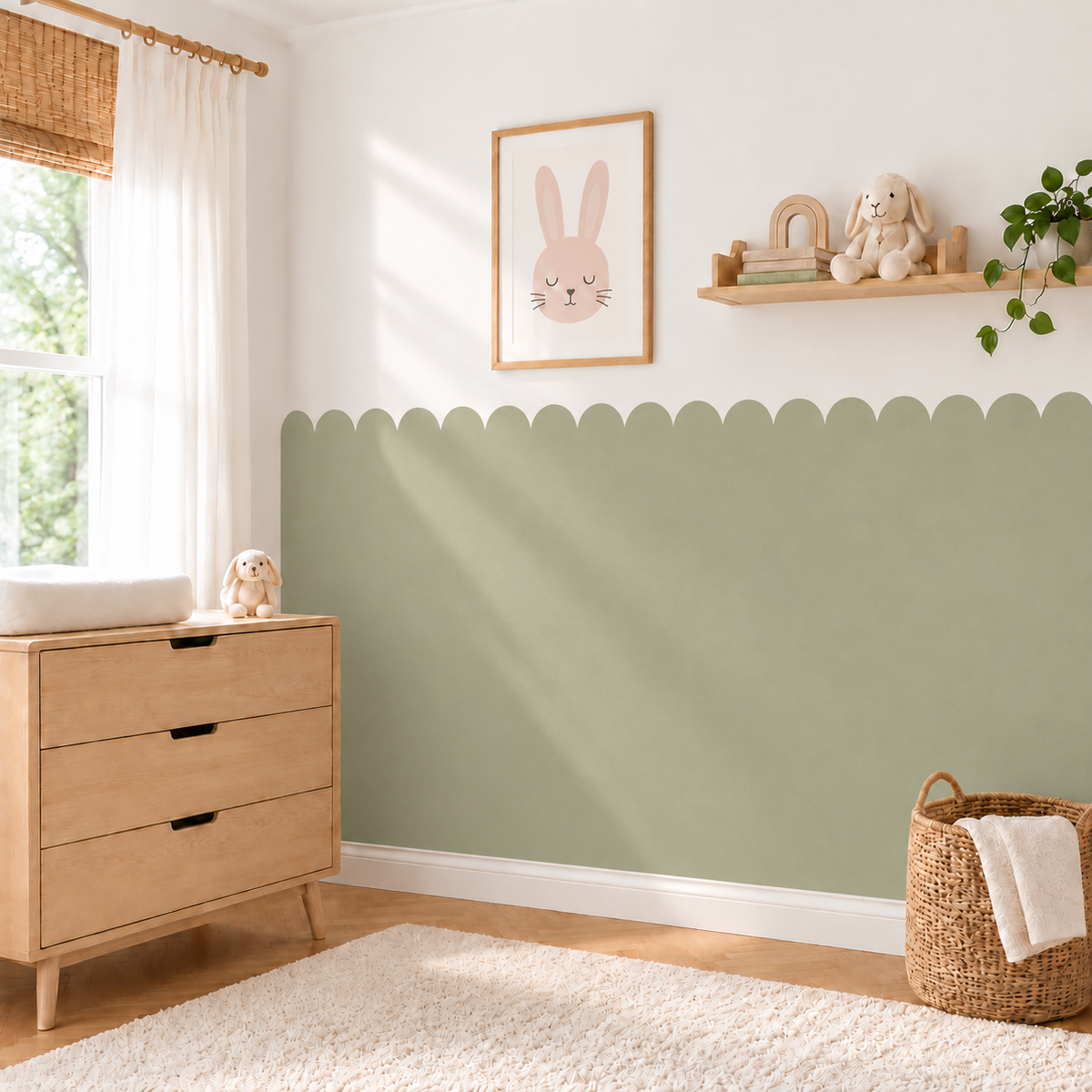 Scalloped Peel and Stick Sage Green Half Wall Wallpaper
