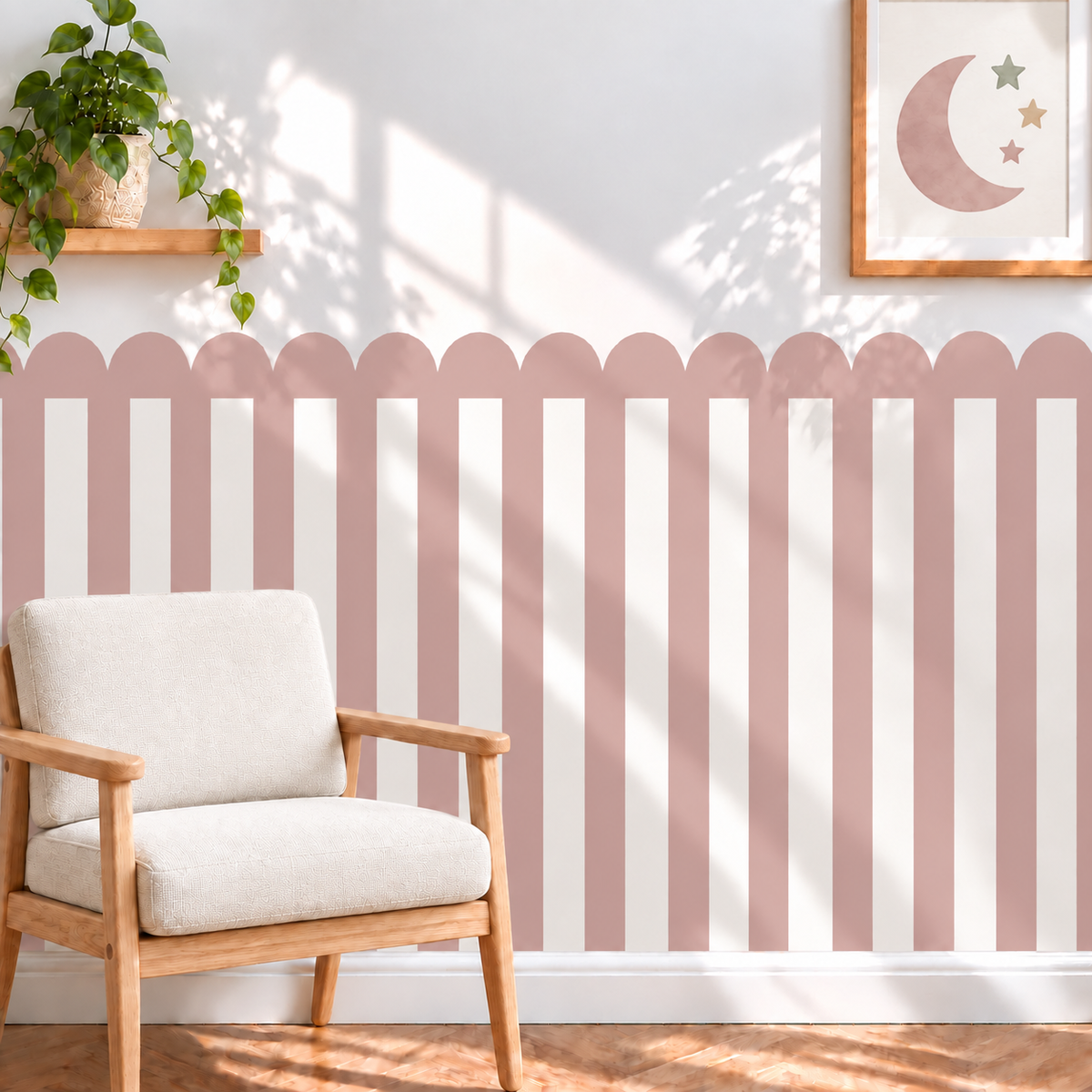 Stripe Peel and Stick Dusty Rose Scallop Half Wall Wallpaper