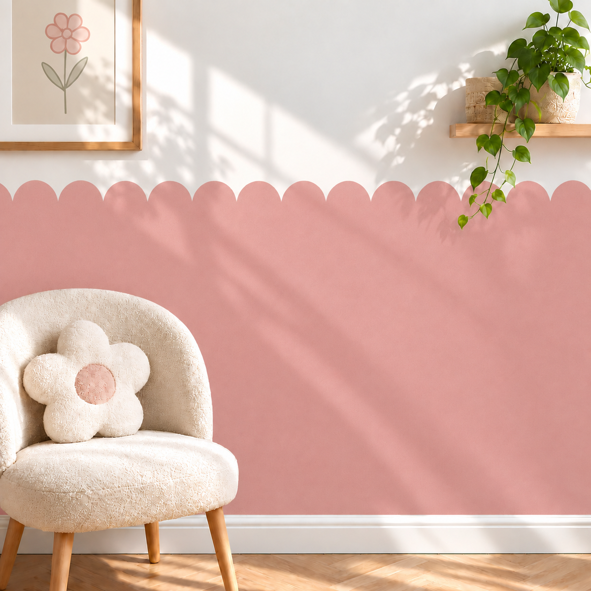 Scalloped Peel and Stick Muted Rose Half Wall Wallpaper