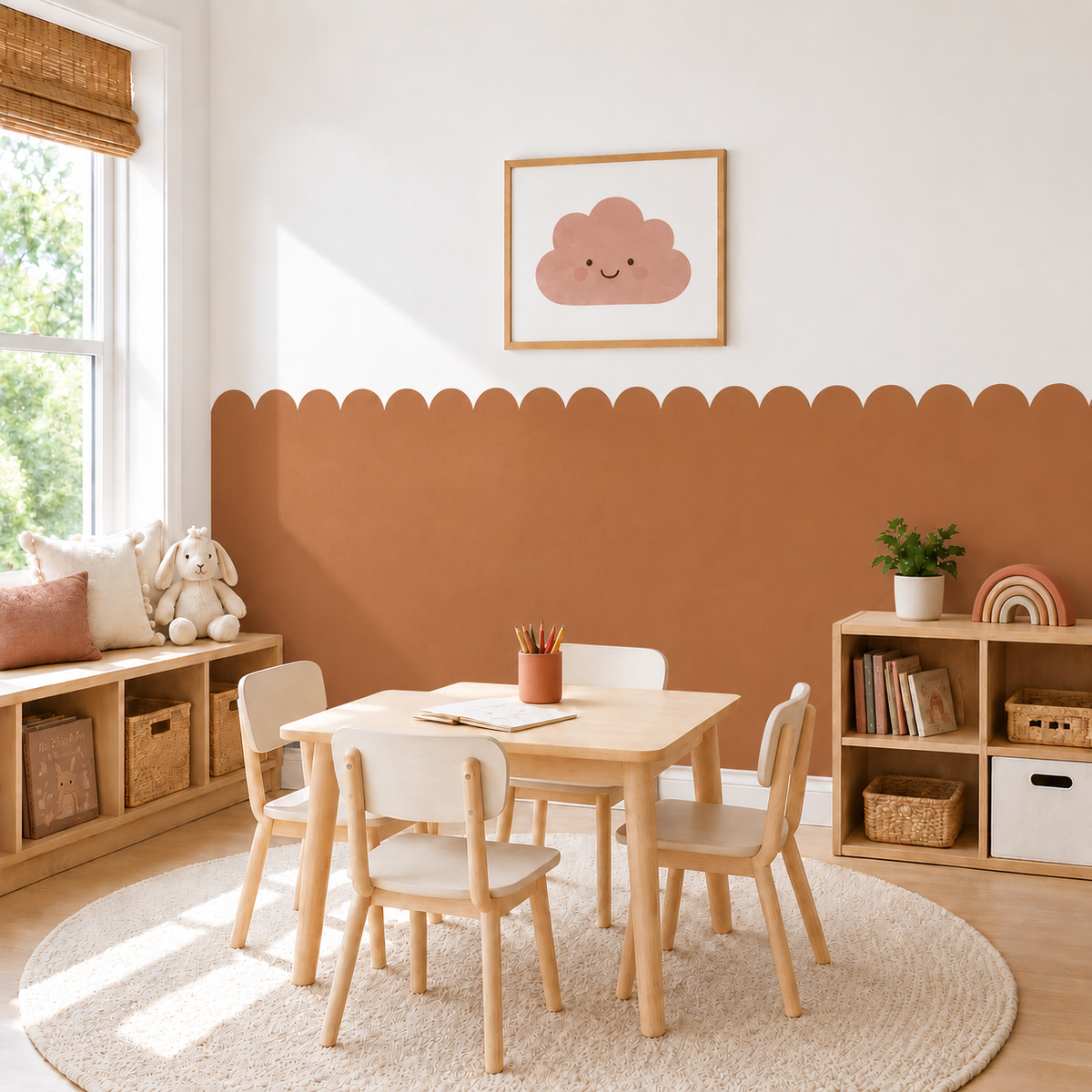 Scalloped Peel and Stick Cinnamon Half Wall Wallpaper