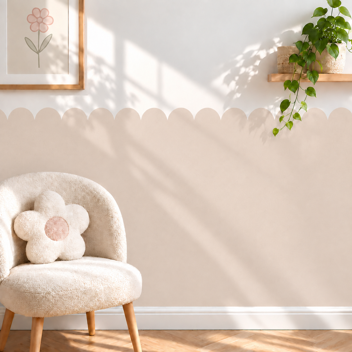 Scalloped Peel and Stick Almond Half Wall Wallpaper